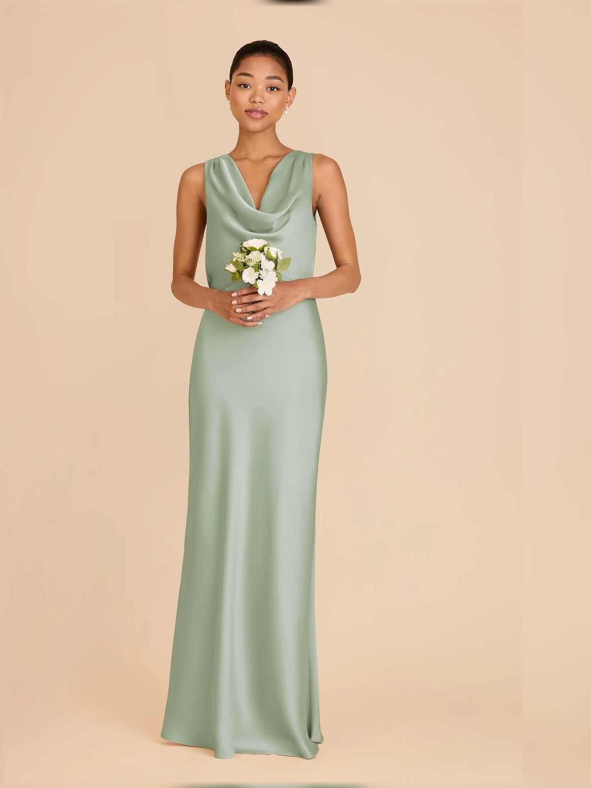 Sage green satin cowl-neck sleeveless maxi dress with fitted bodycon silhouette