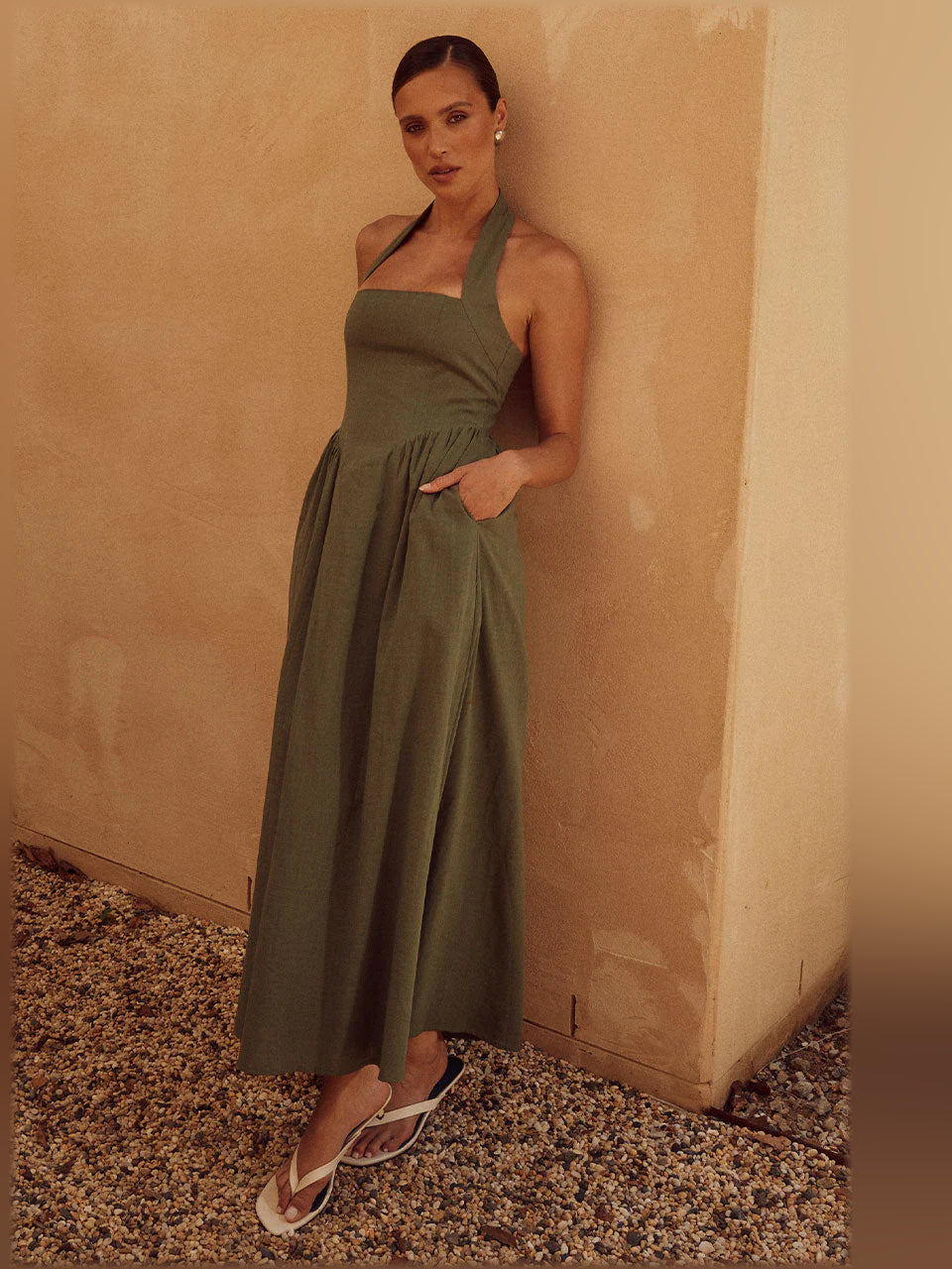 Khaki midi formal dress front view with square halter neckline and tiered fullness