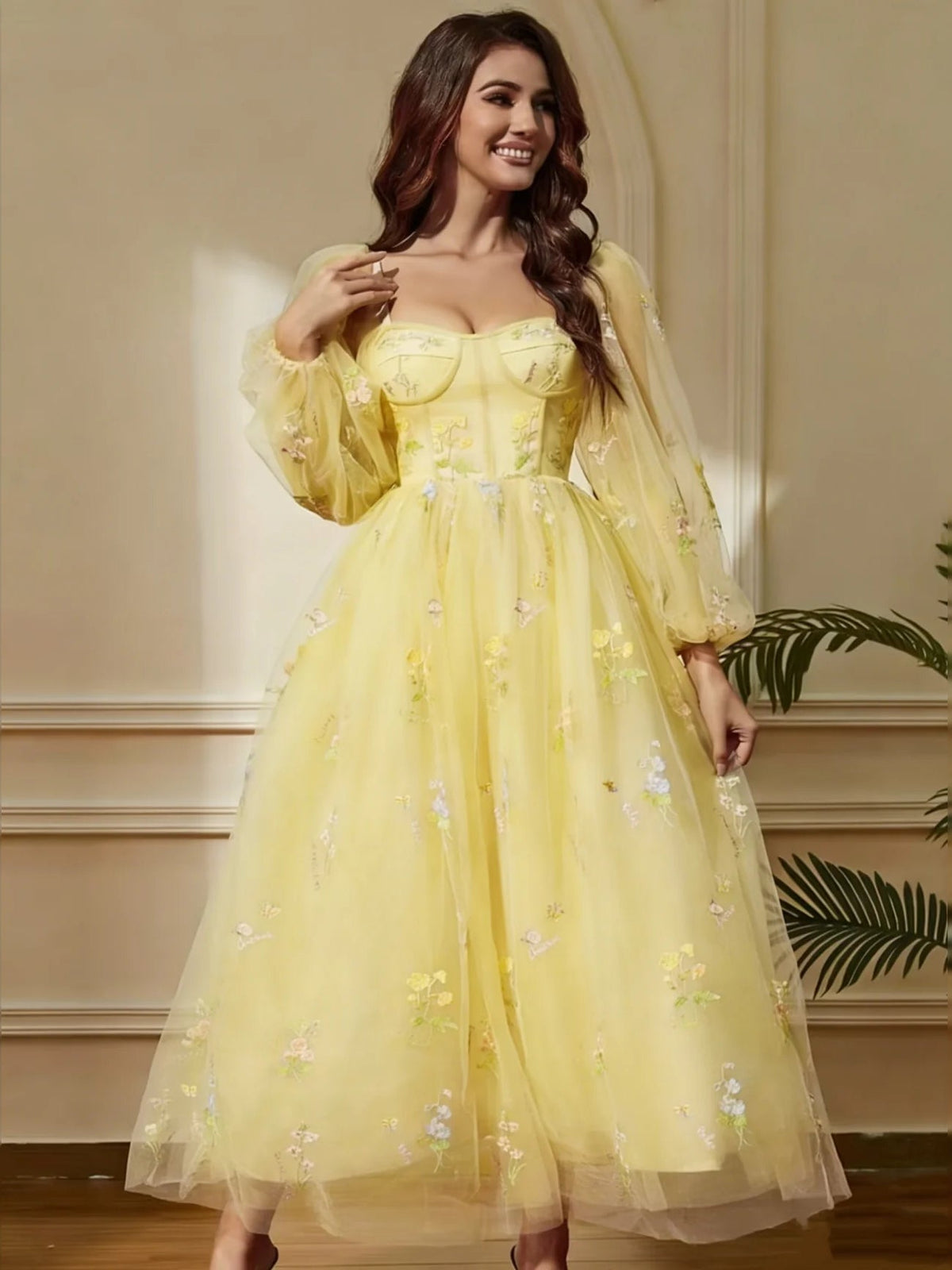 Sweetheart A-line midi prom dress in pale yellow with embroidered floral details