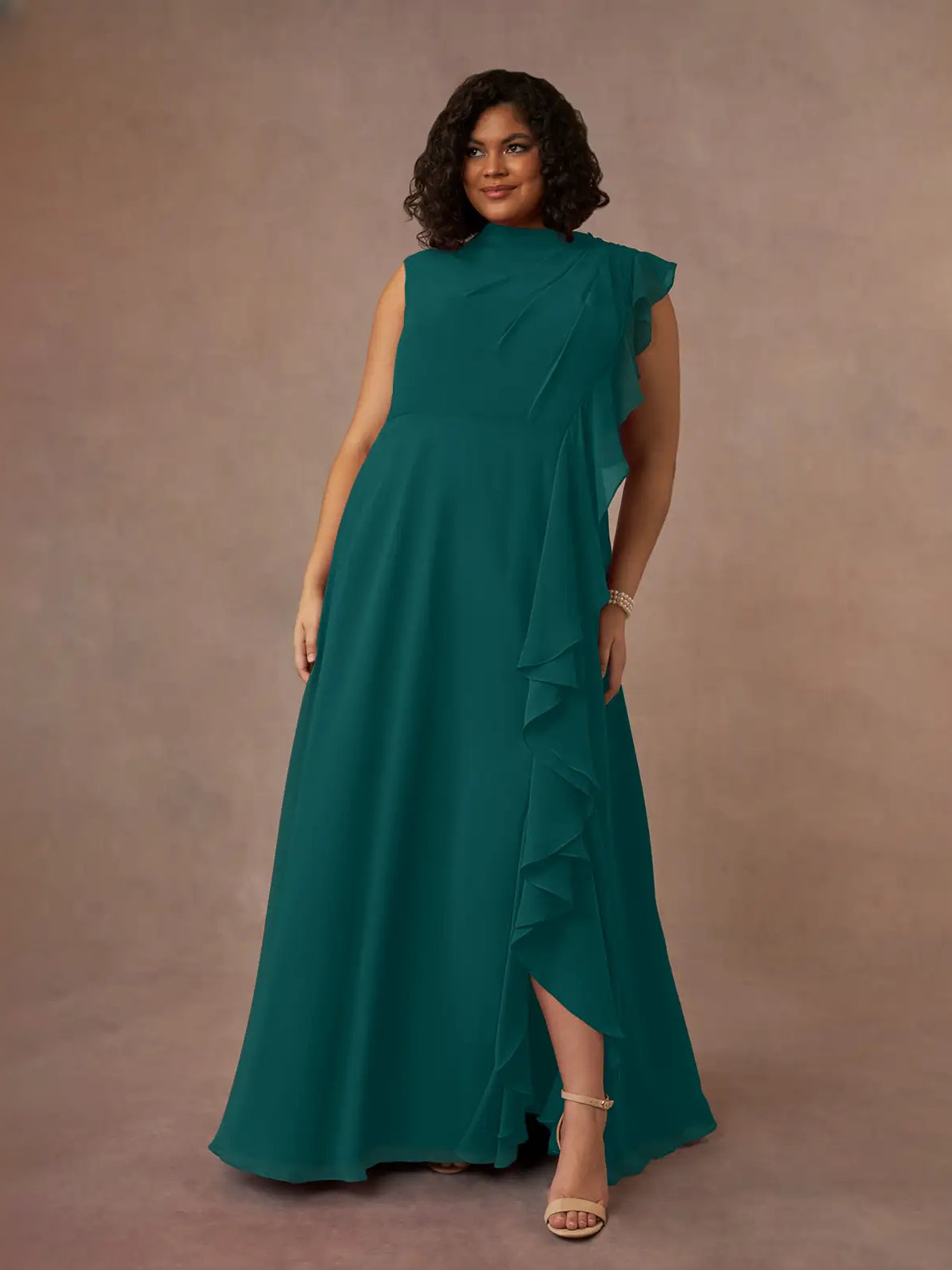 Teal sleeveless high-neck A-line maxi chiffon bridesmaid dress with cascading ruffles