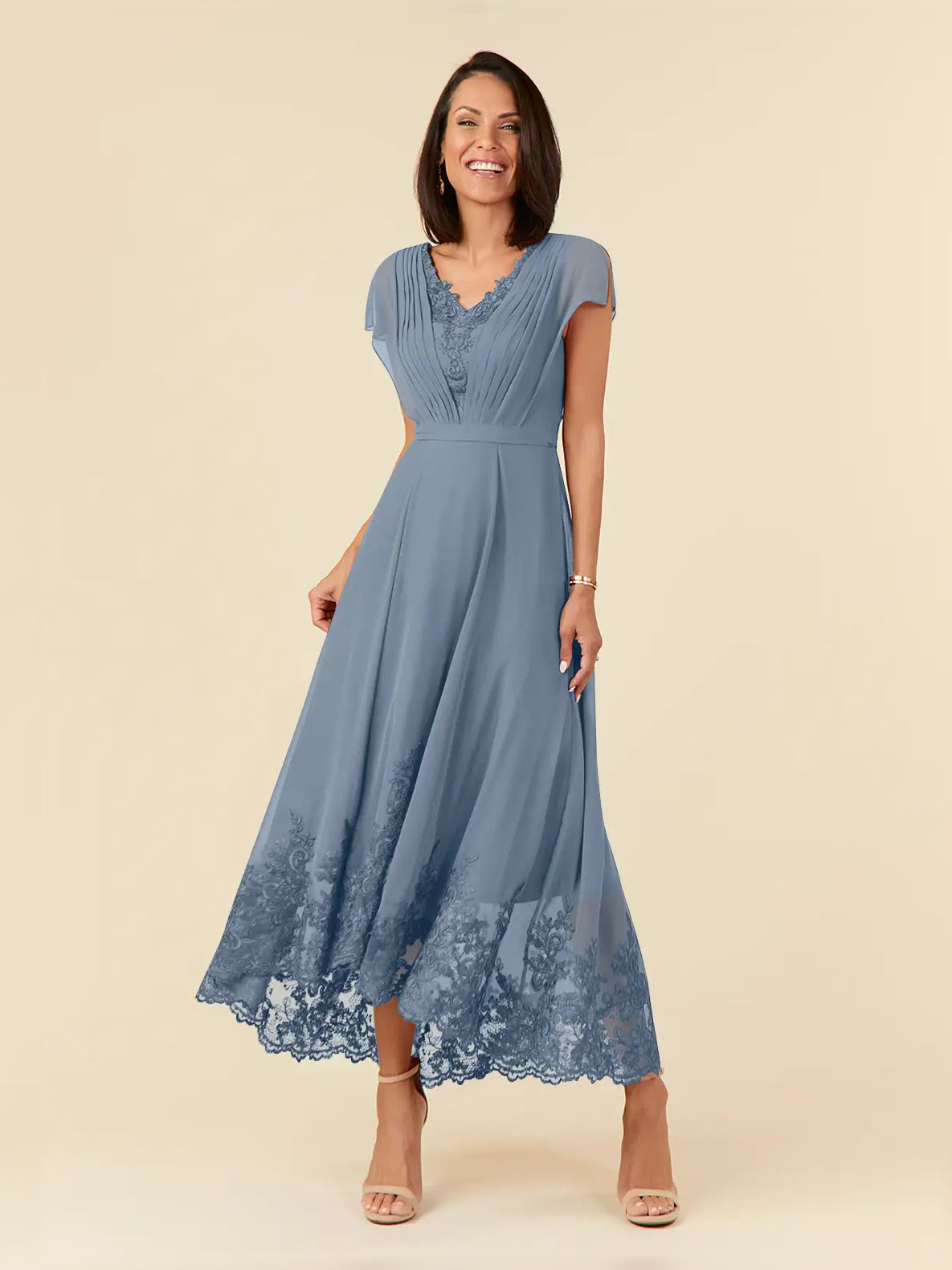 Dusty blue pleated V-neck midi chiffon dress with cap sleeves and lace hem