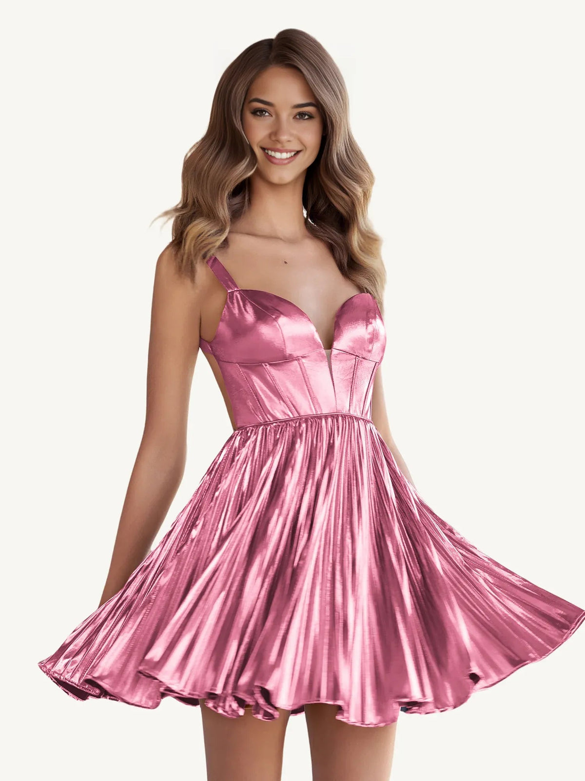 Metallic pink pleated mini A-line dress with sweetheart corset bodice and thin straps