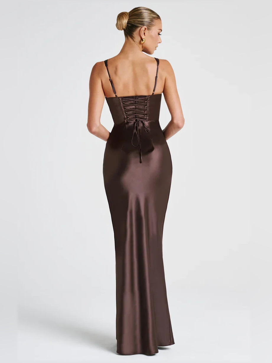 Espresso v-neck corset mermaid formal dress with ruched corset bodice and long hem