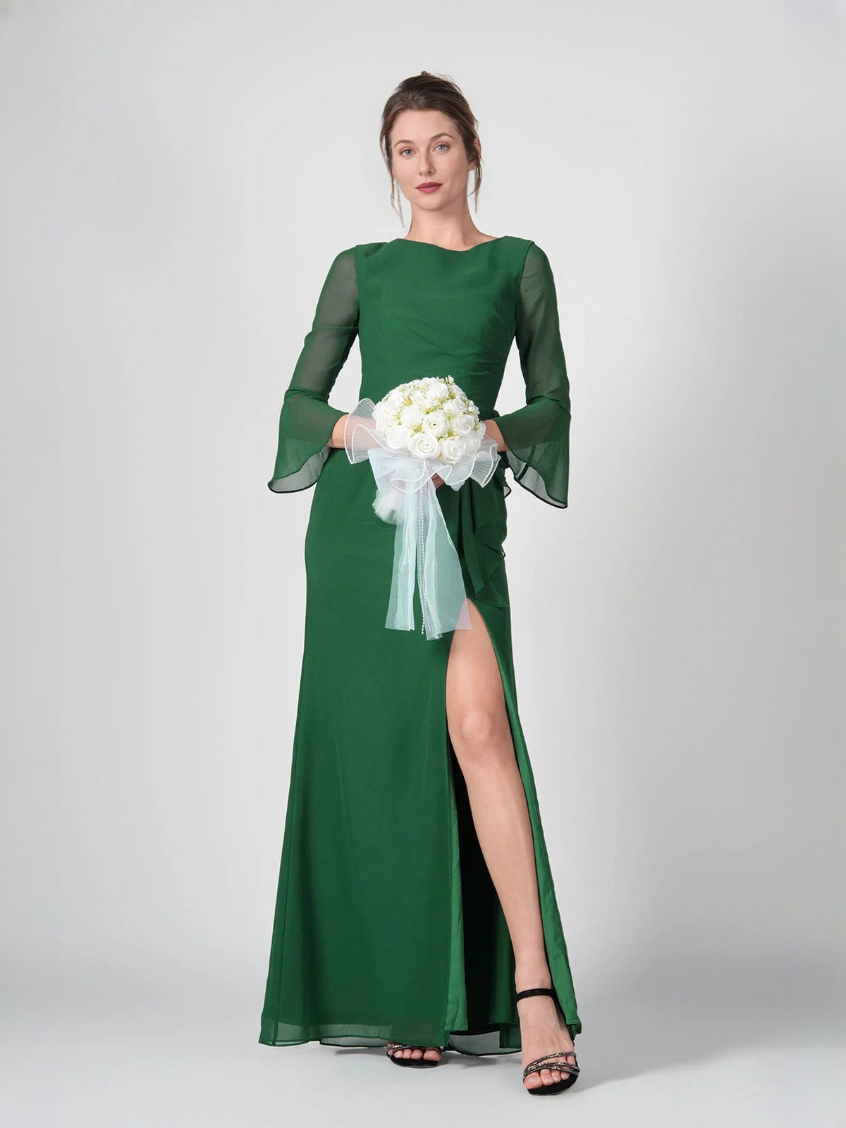 Dark green chiffon bridesmaid dress with side slit and ruched waist, bell sleeves