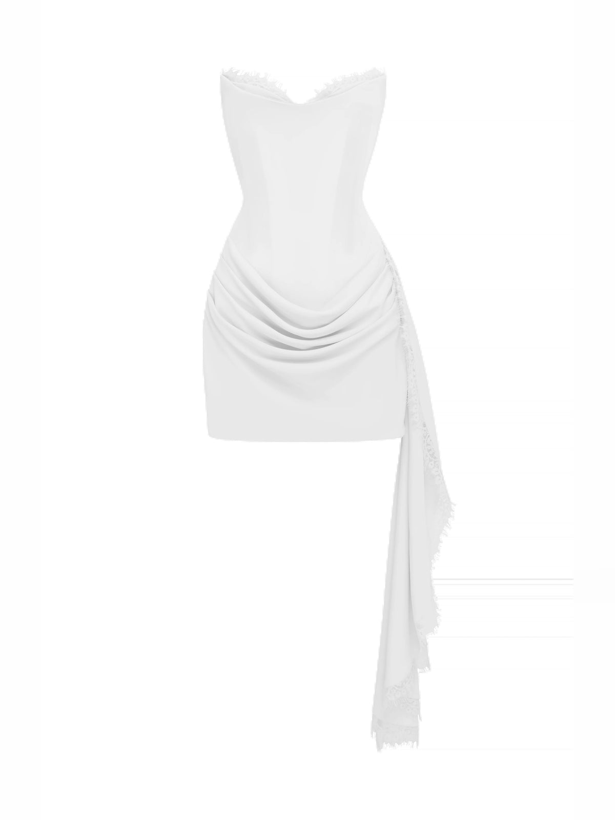 Ivory strapless mini dress with gathered front ruching and trailing lace tulle sash