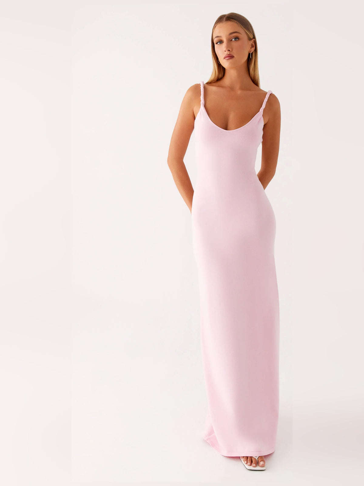 Pink sheath maxi formal dress with sheath, alternate full-length view