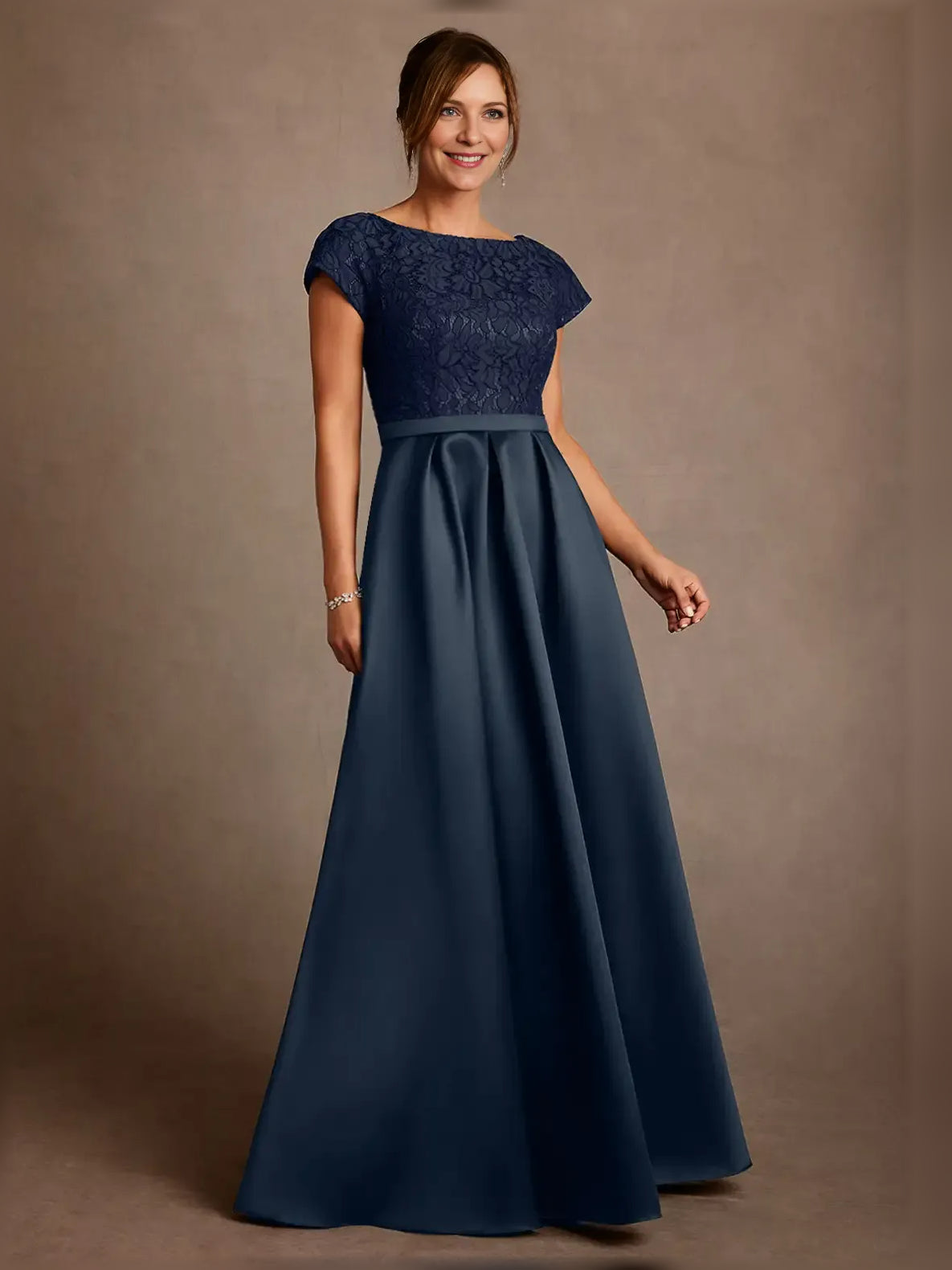 Navy lace boat-neck A-line satin mother-of-the-bride dress, front full length