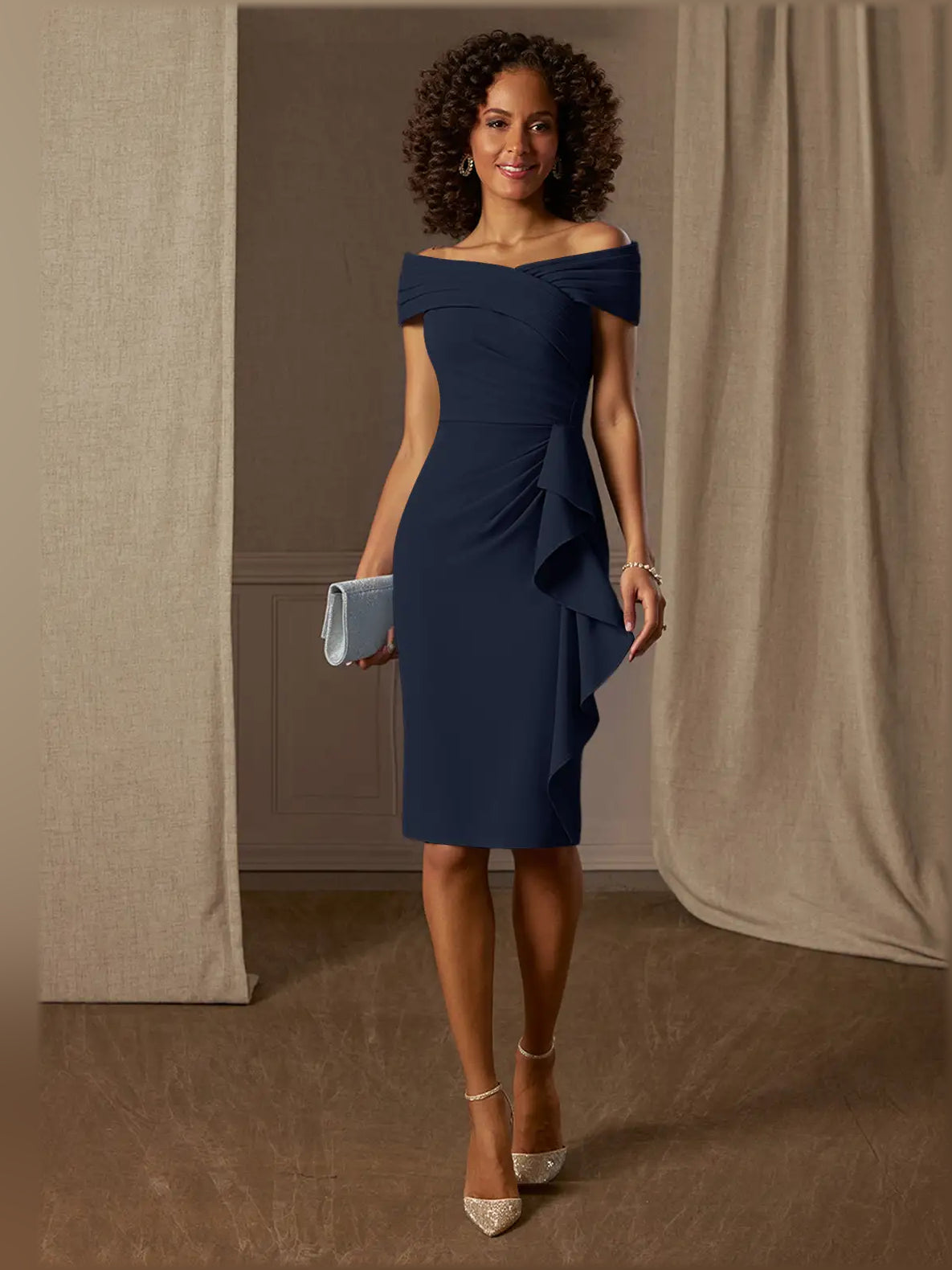 Dark navy off-shoulder formal dress with ruched pleats and draped side accent