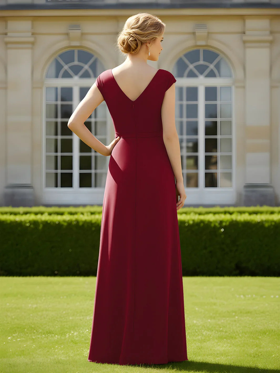 Ruched V-neck A-line chiffon mother-of-the-bride dress, burgundy, V-back, side view