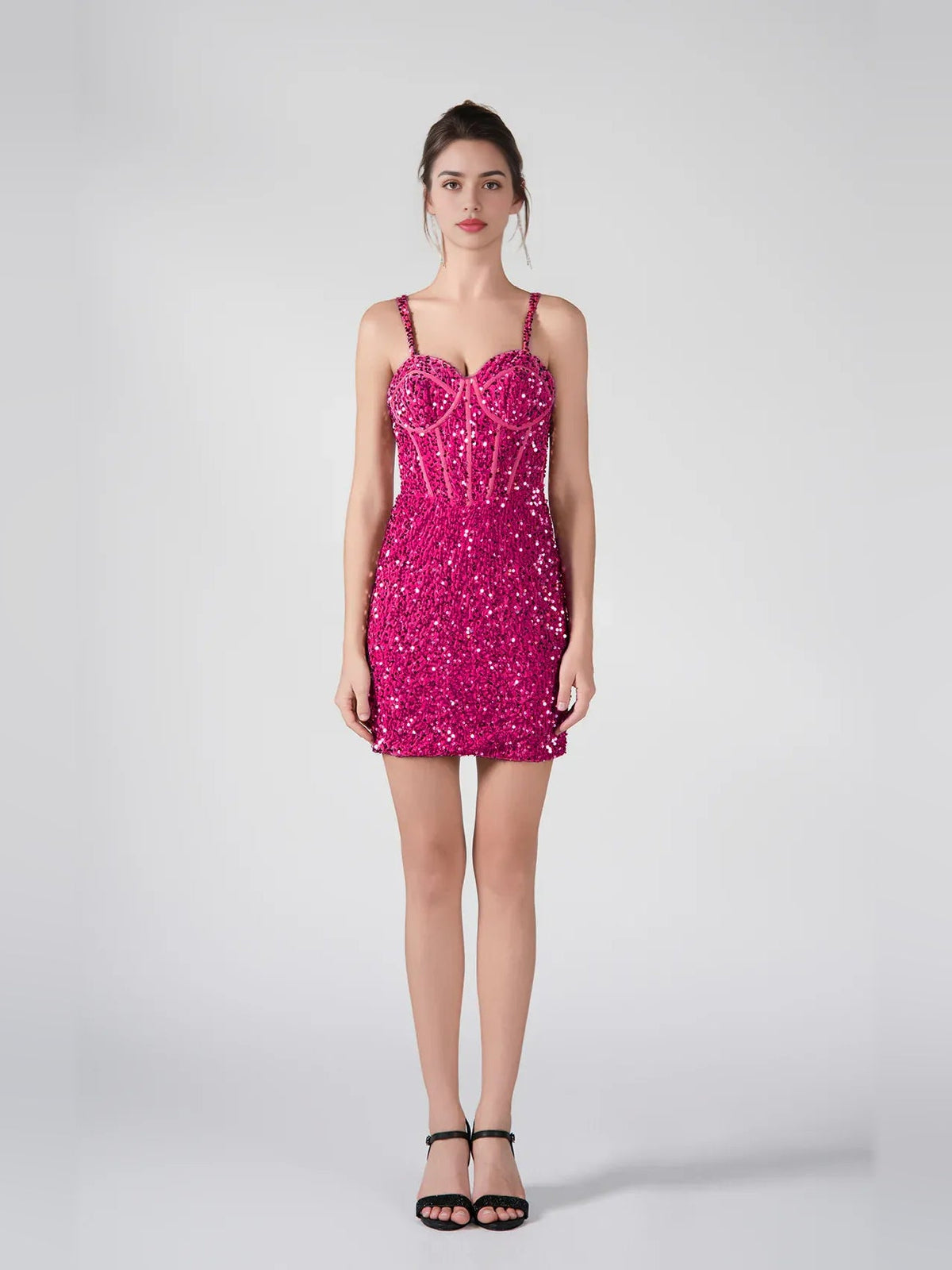 Magenta pink sequin corset sweetheart mini dress with spaghetti straps, bodycon fit