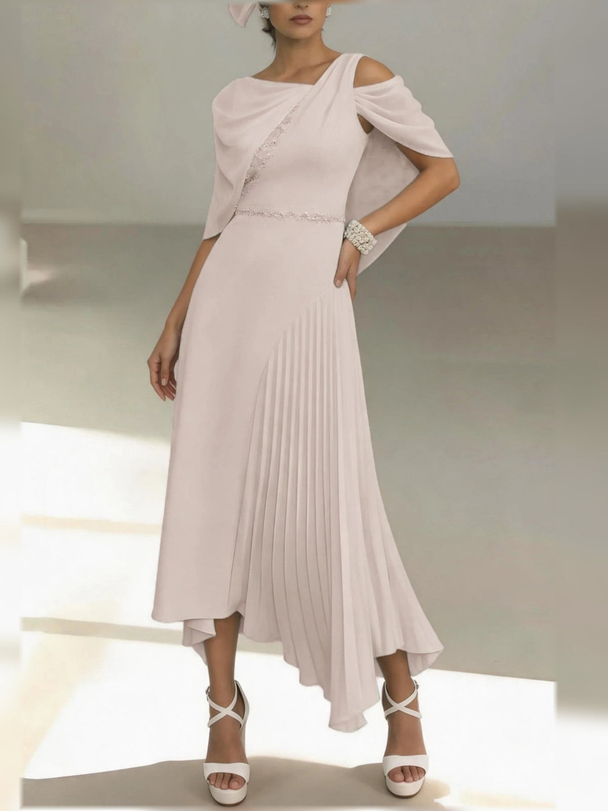 Light dusty rose one-shoulder pleated A-line midi chiffon dress with draped sleeve