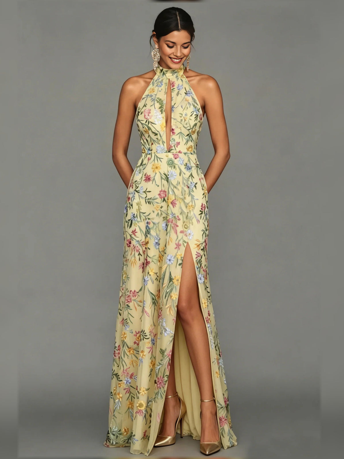 Yellow floral halter neck formal dress with front slit, floor-length