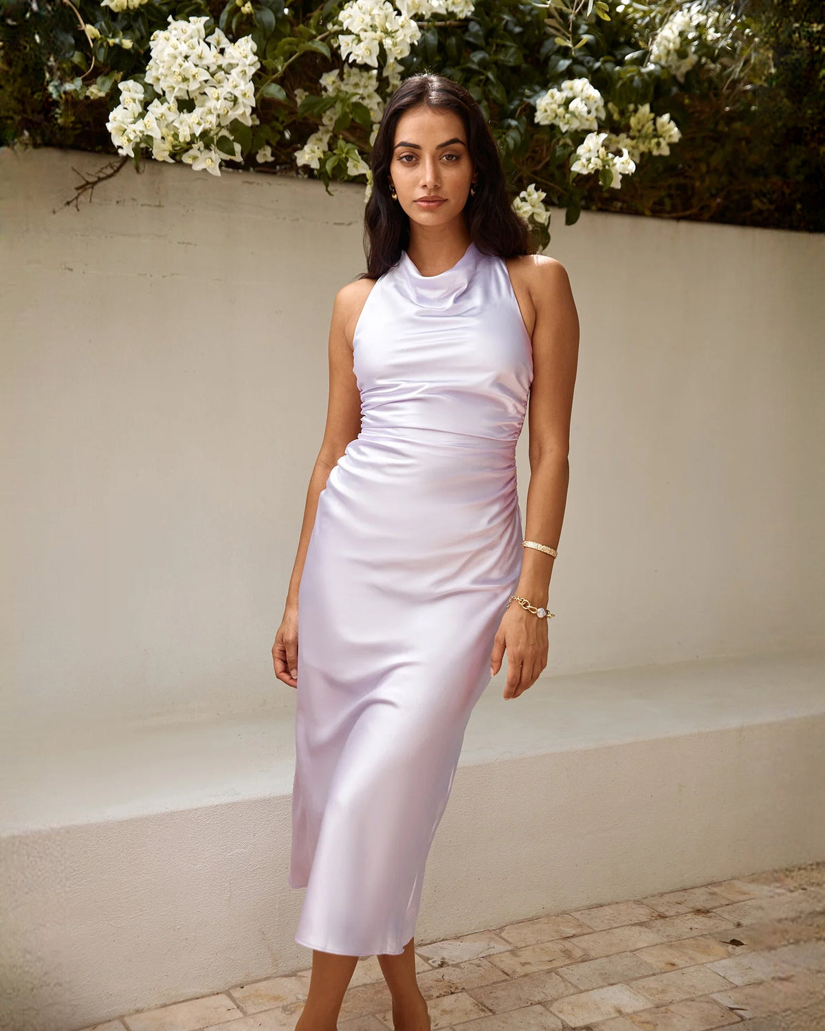 Lilac satin sleeveless A-line midi dress standing front view, gathered waist