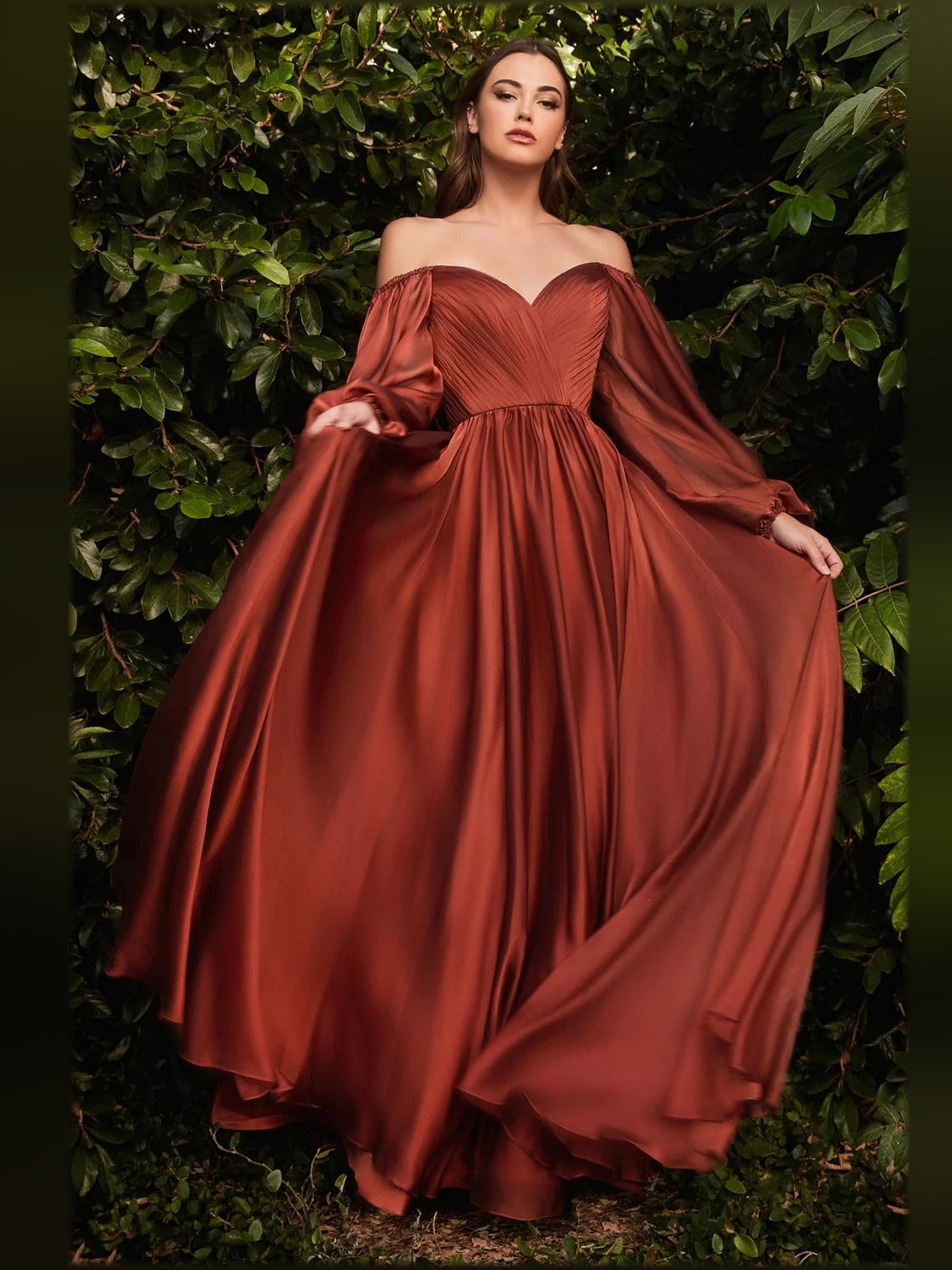 Rust V-neck formal dress with puff sleeves, gathered waist, and pleated floor length