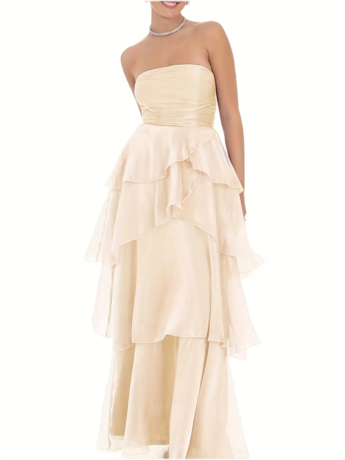 Apricot strapless sweetheart A-line wedding dress with layered ruffle skirt, floor length