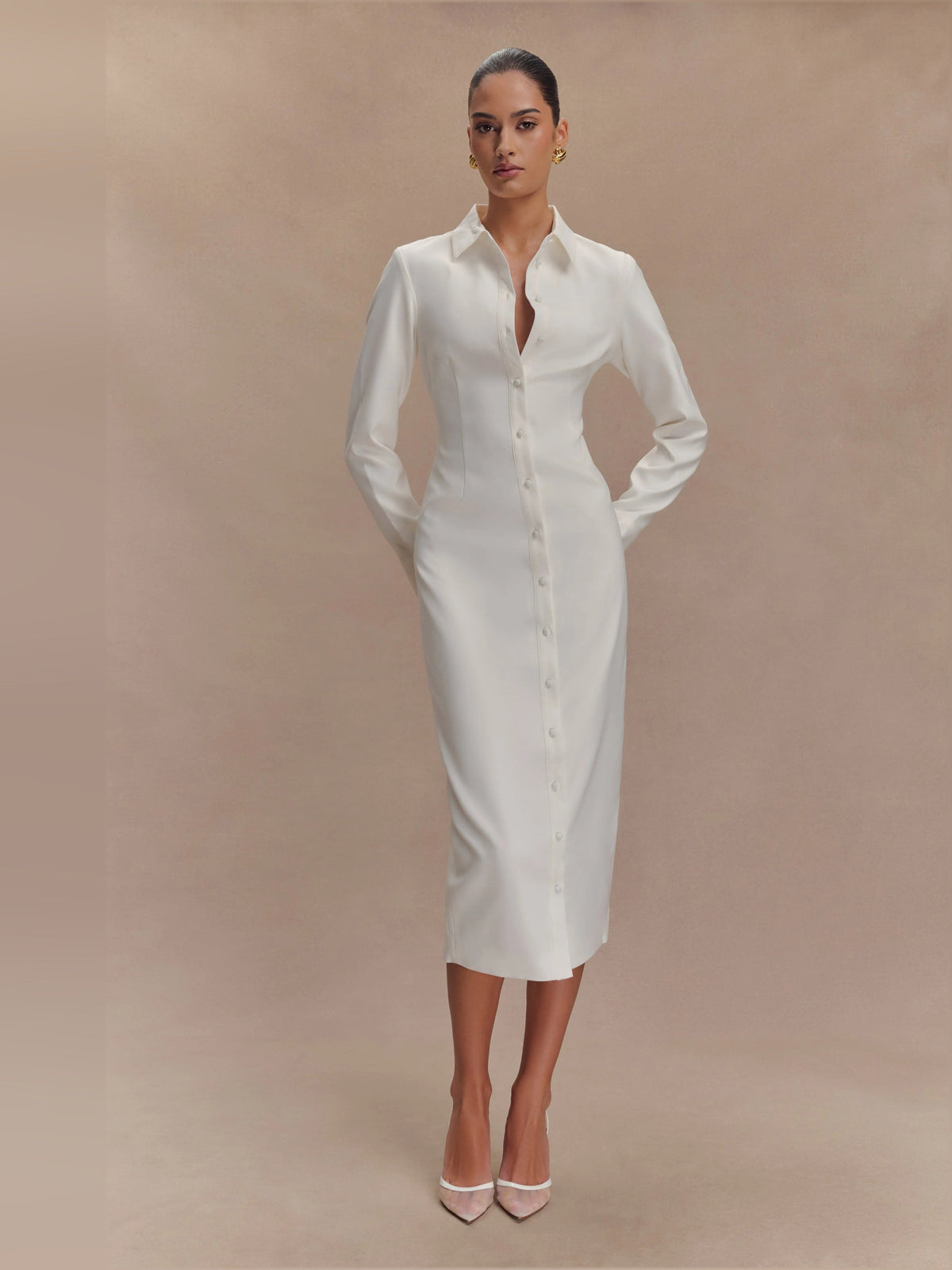 White fitted midi shirt dress full front view, long sleeves and button front