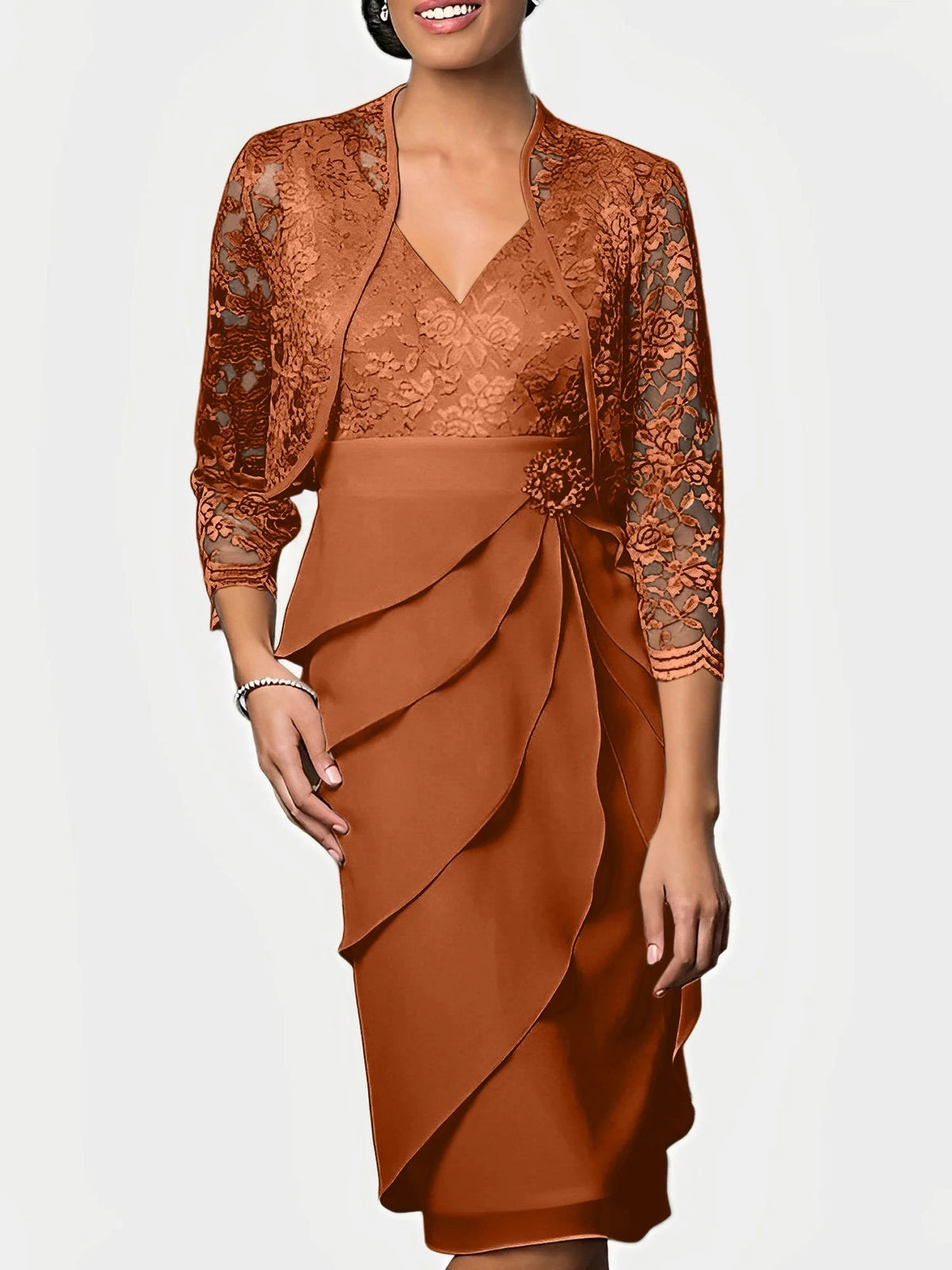 Burnt orange knee-length mother-of-the-bride dress with lace 3/4 sleeves and V-neck