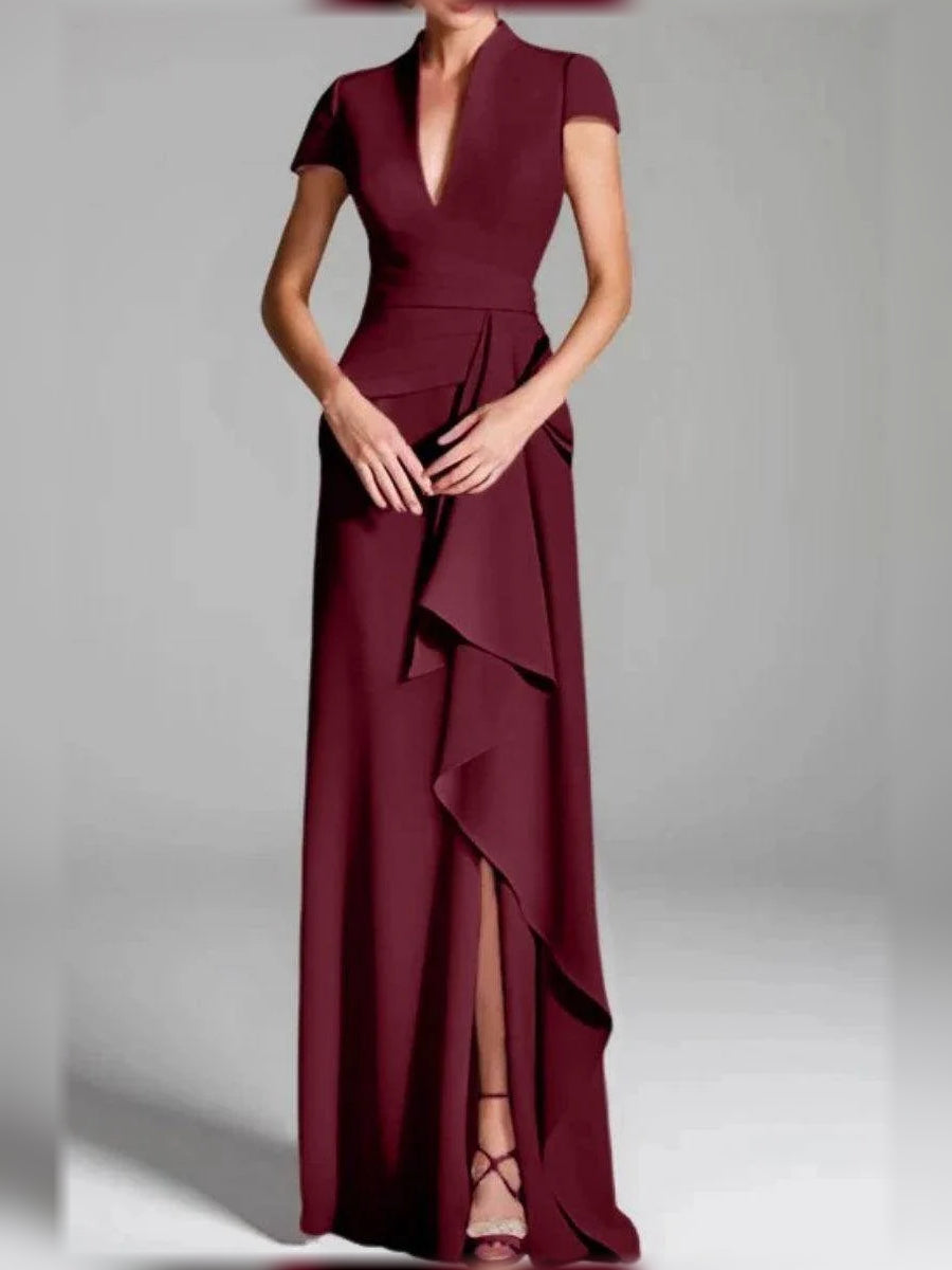 Burgundy V-neck mermaid mother-of-the-bride dress with layered ruffle panels and slit