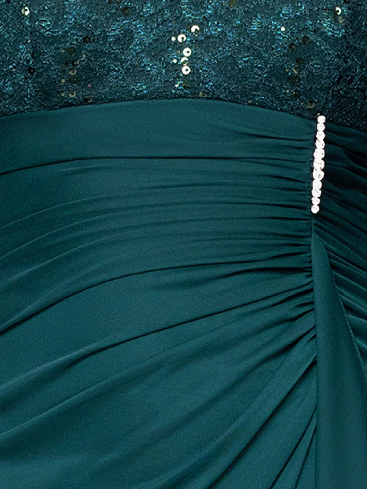 Peacock green ruched bodice with beaded trim and draped skirt panel