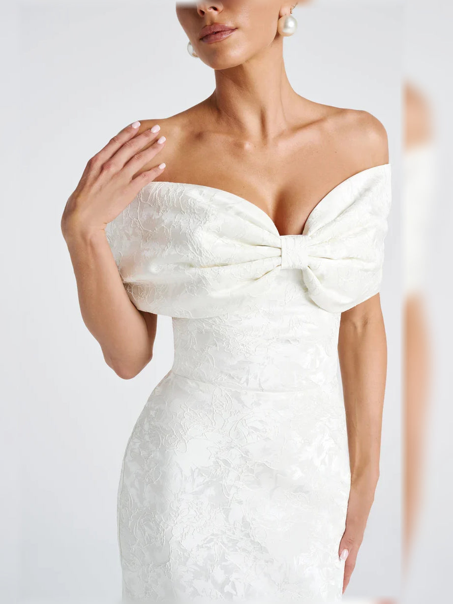 Ivory off-the-shoulder corset mermaid floor-length formal dress, bow neckline
