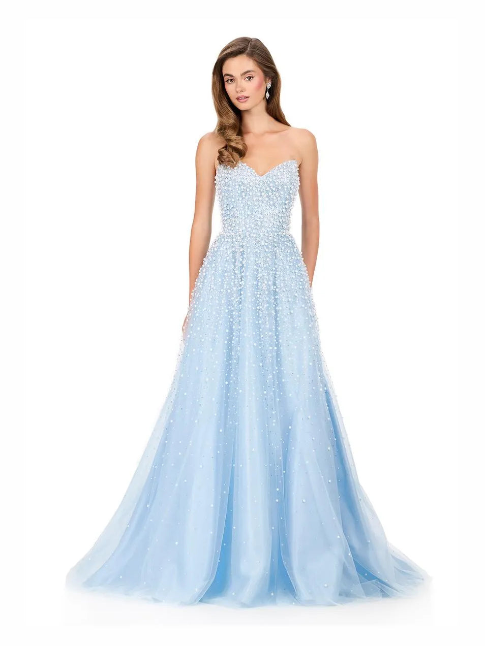 Light blue beaded sweetheart corset A-line tulle prom dress, floor-length, sparkling bodice