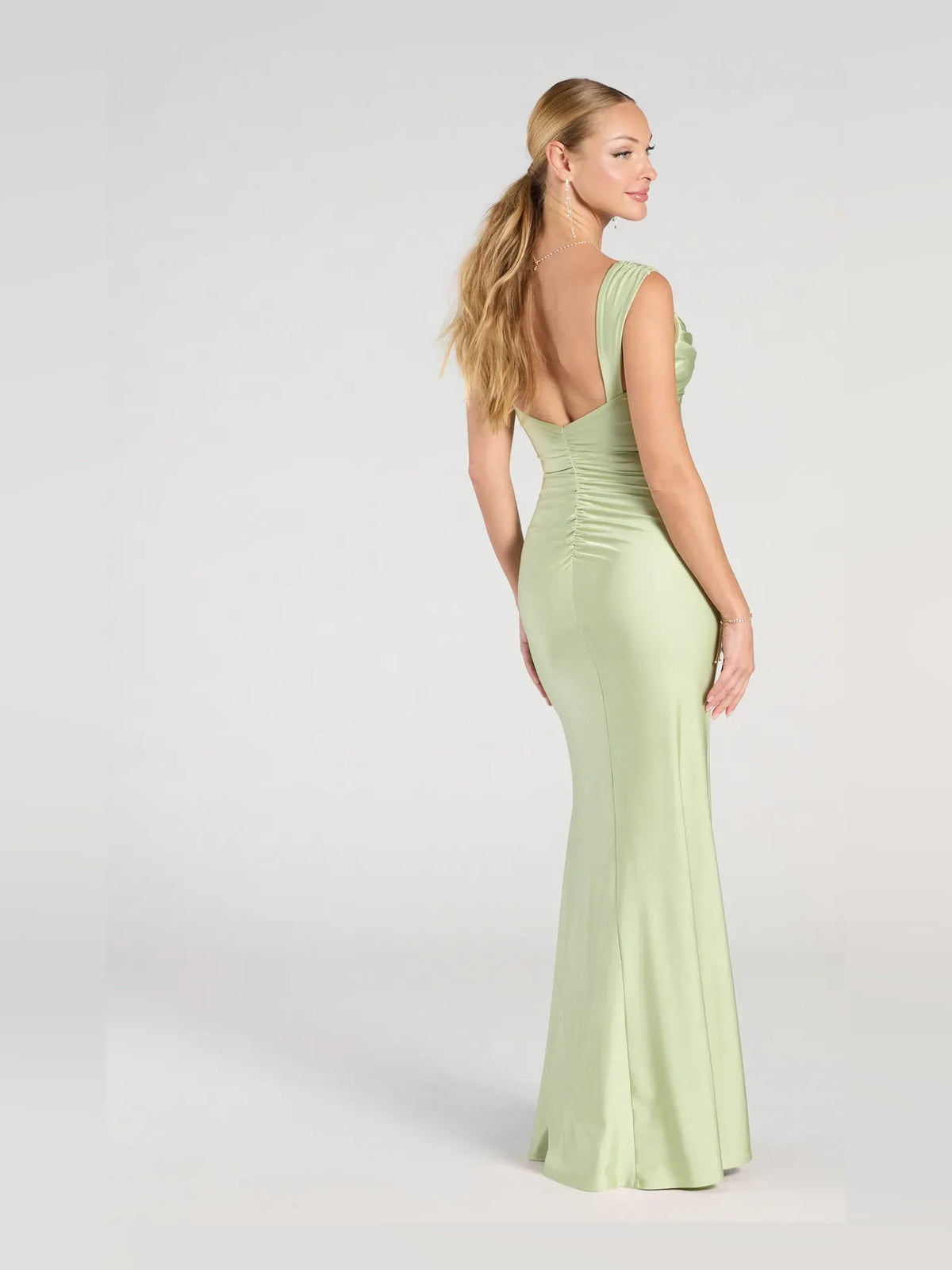 Sage green sleeveless cowl-neck ruching slit formal dress, side view, floor-length