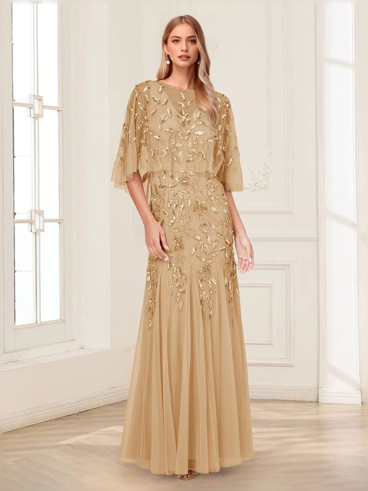 Champagne sequin tulle mermaid dress with cape sleeves, floor-length