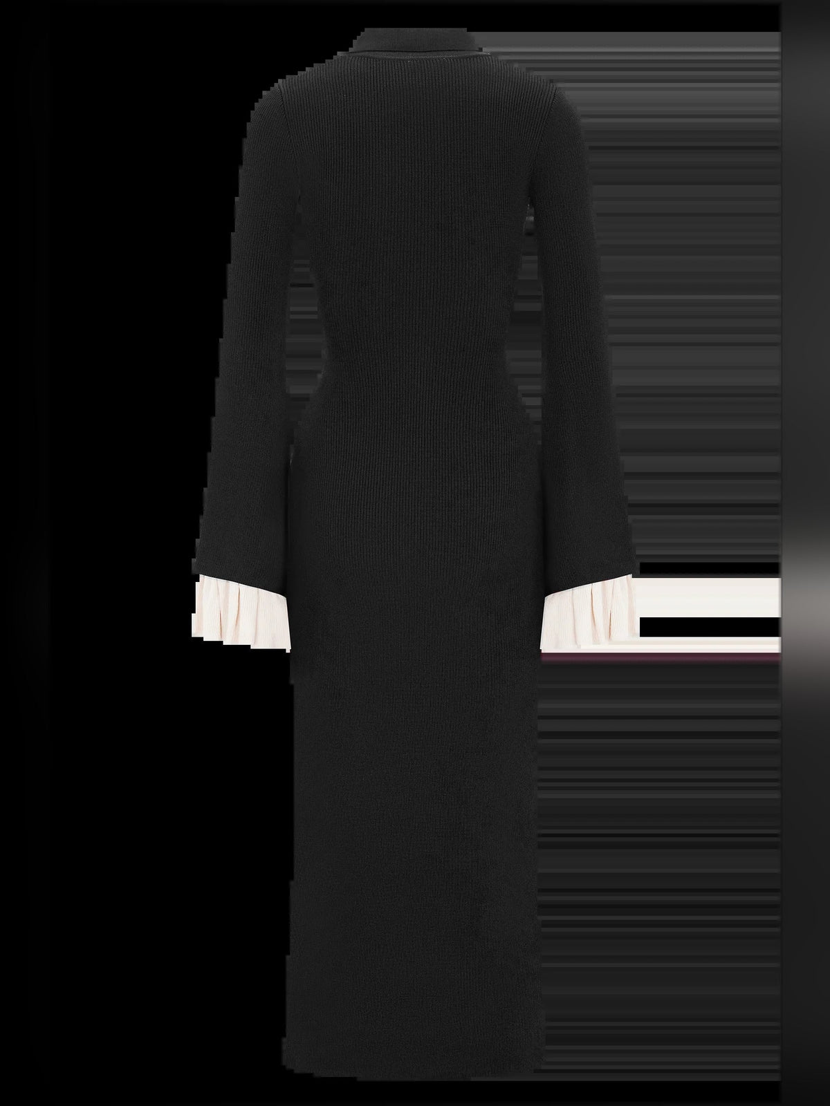Amirose black knit midi dress, front view, long sleeves, cream ruffle cuffs