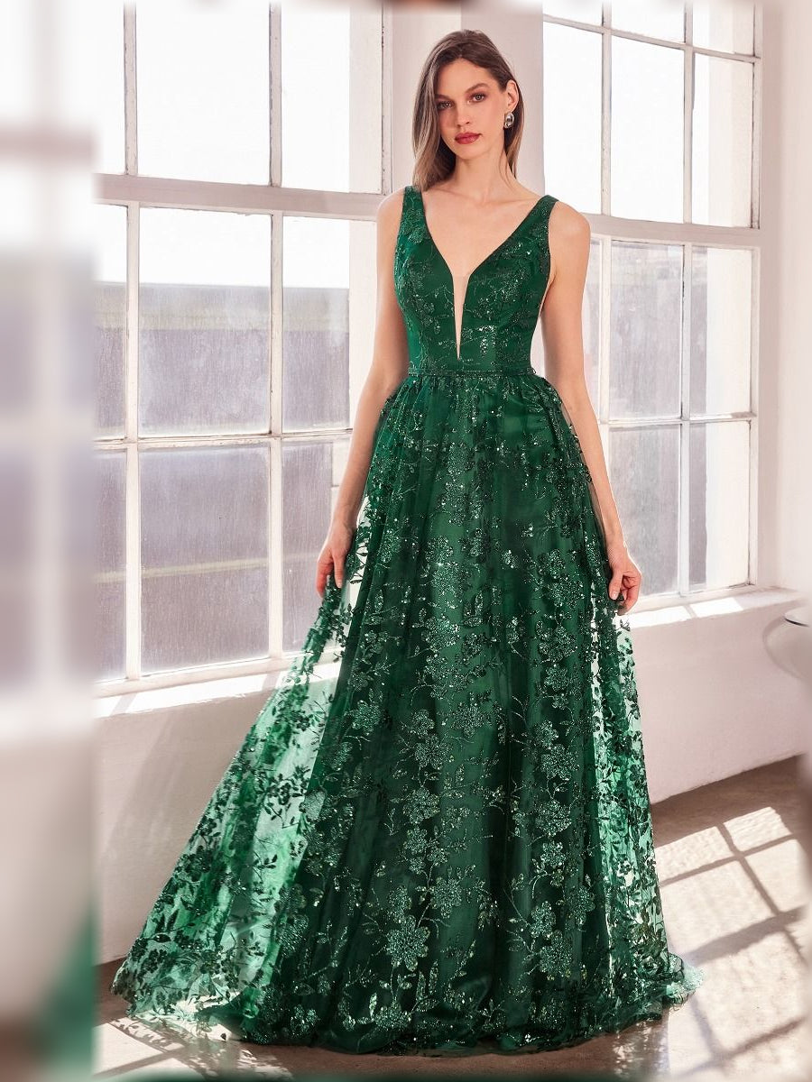 Floral V-neck A-line formal dress in dark green with sleeveless V-neck and full skirt