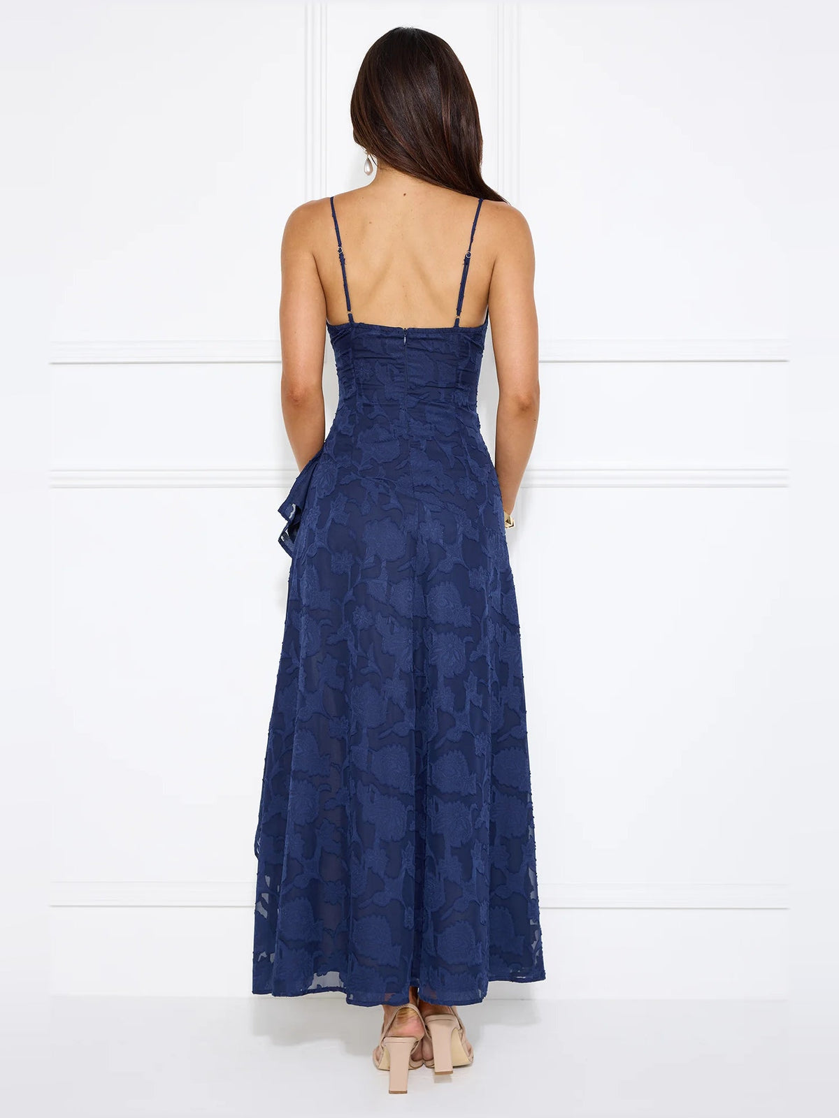 Navy midi formal dress back view with spaghetti straps and layered full skirt
