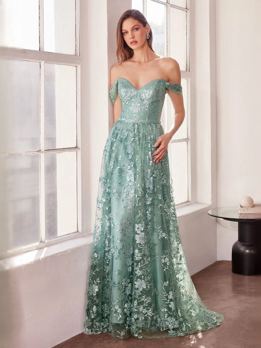 Dusty sage green sequin floral off-shoulder sweetheart ball-gown prom dress, floor-length