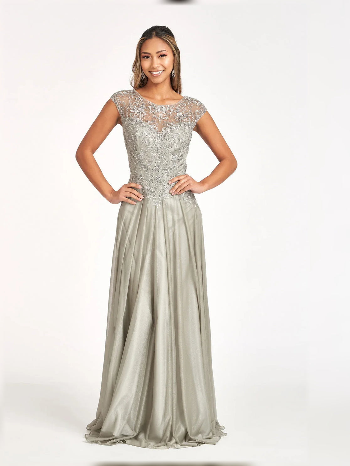 Silver beaded embroidered V-neck A-line floor-length satin dress with cap sleeves