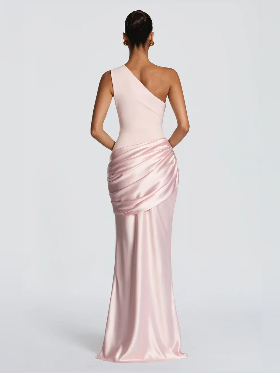 Light pink one-shoulder satin ruched mermaid maxi formal dress, back view