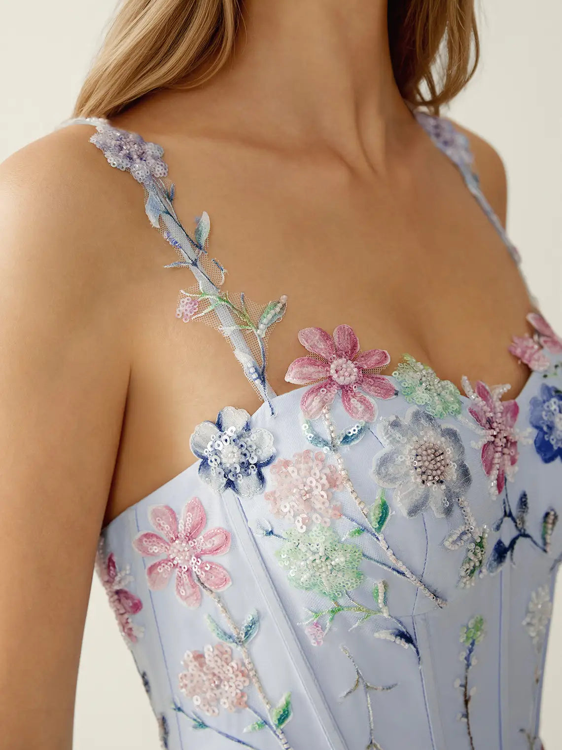 Light blue sequin floral embroidered back bodice with thin shoulder straps