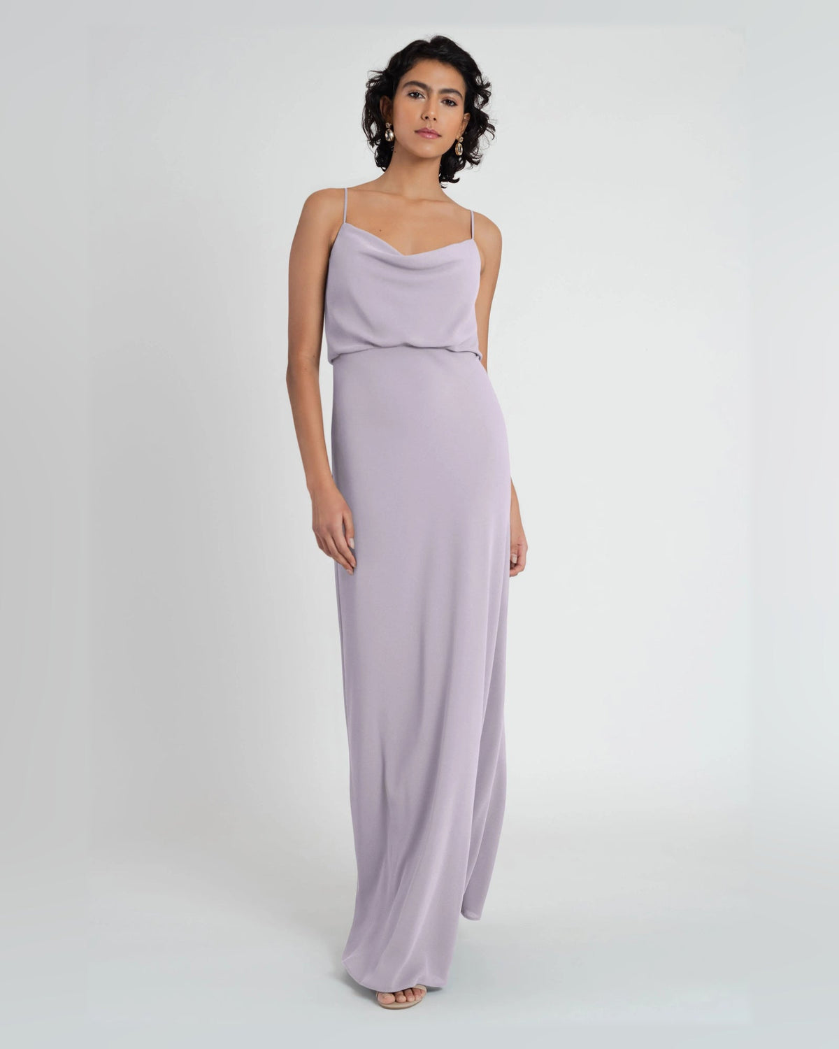 Light lilac draped cowl-neck A-line formal dress, floor-length, spaghetti straps
