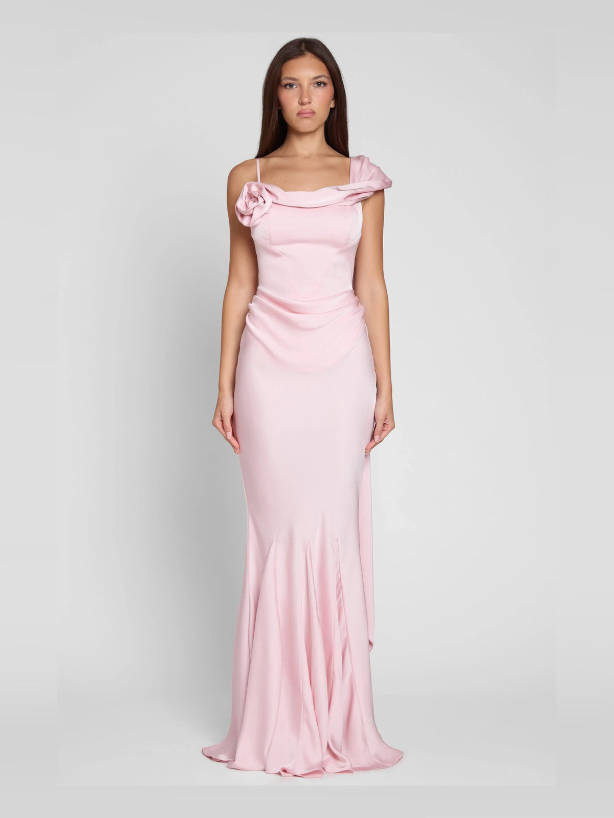 Pink mermaid floor-length dress with asymmetrical draped neckline and shoulder rosette