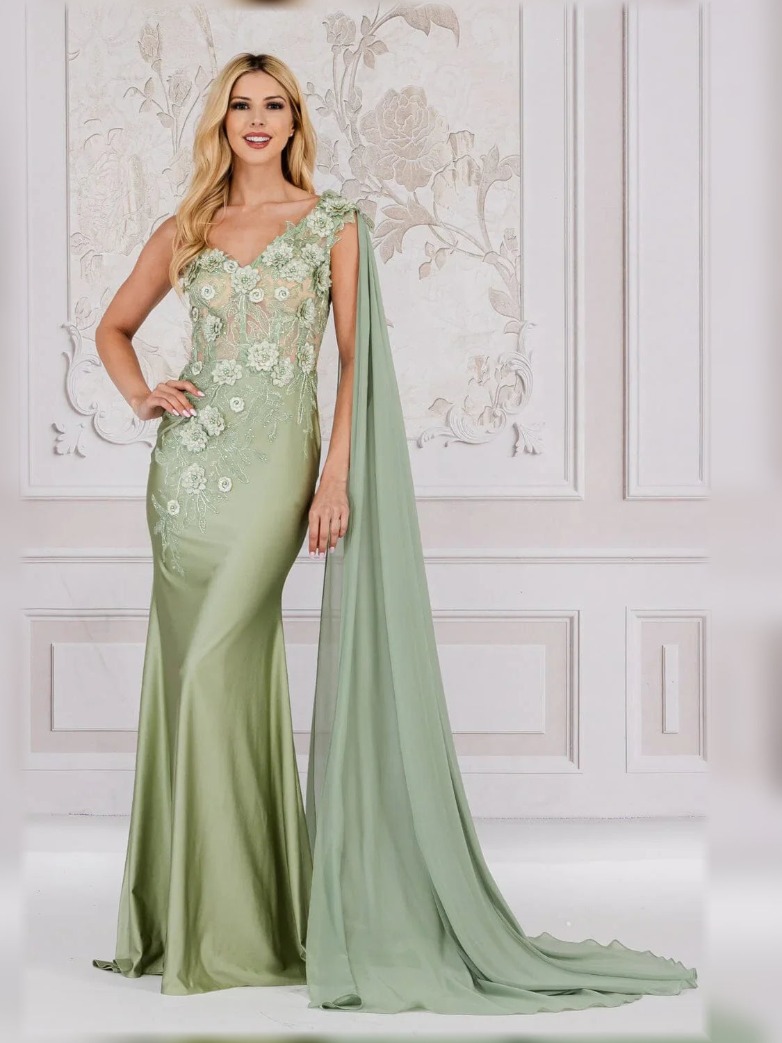 One-shoulder mermaid formal dress in dusty sage with floral lace bodice, floor-length.
