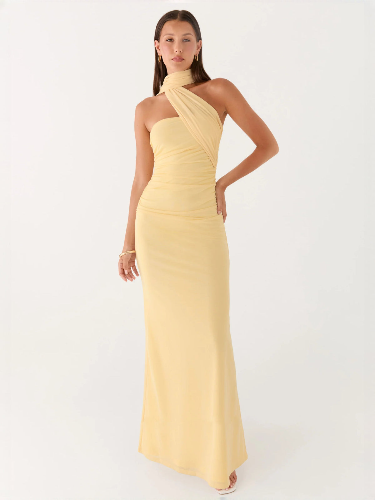 Yellow sheath maxi formal dress with ruching, alternate full-length view
