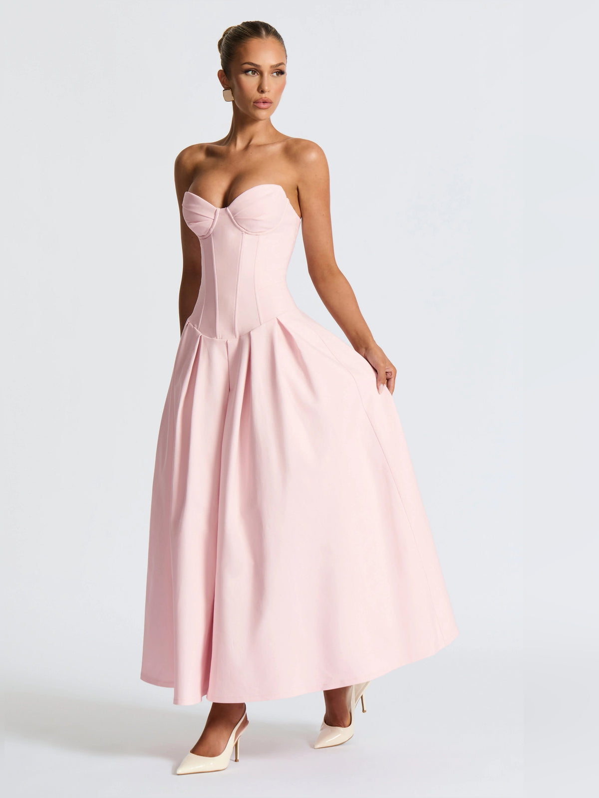 Blush pink strapless midi formal dress with sweetheart neckline and gathered A-line skirt