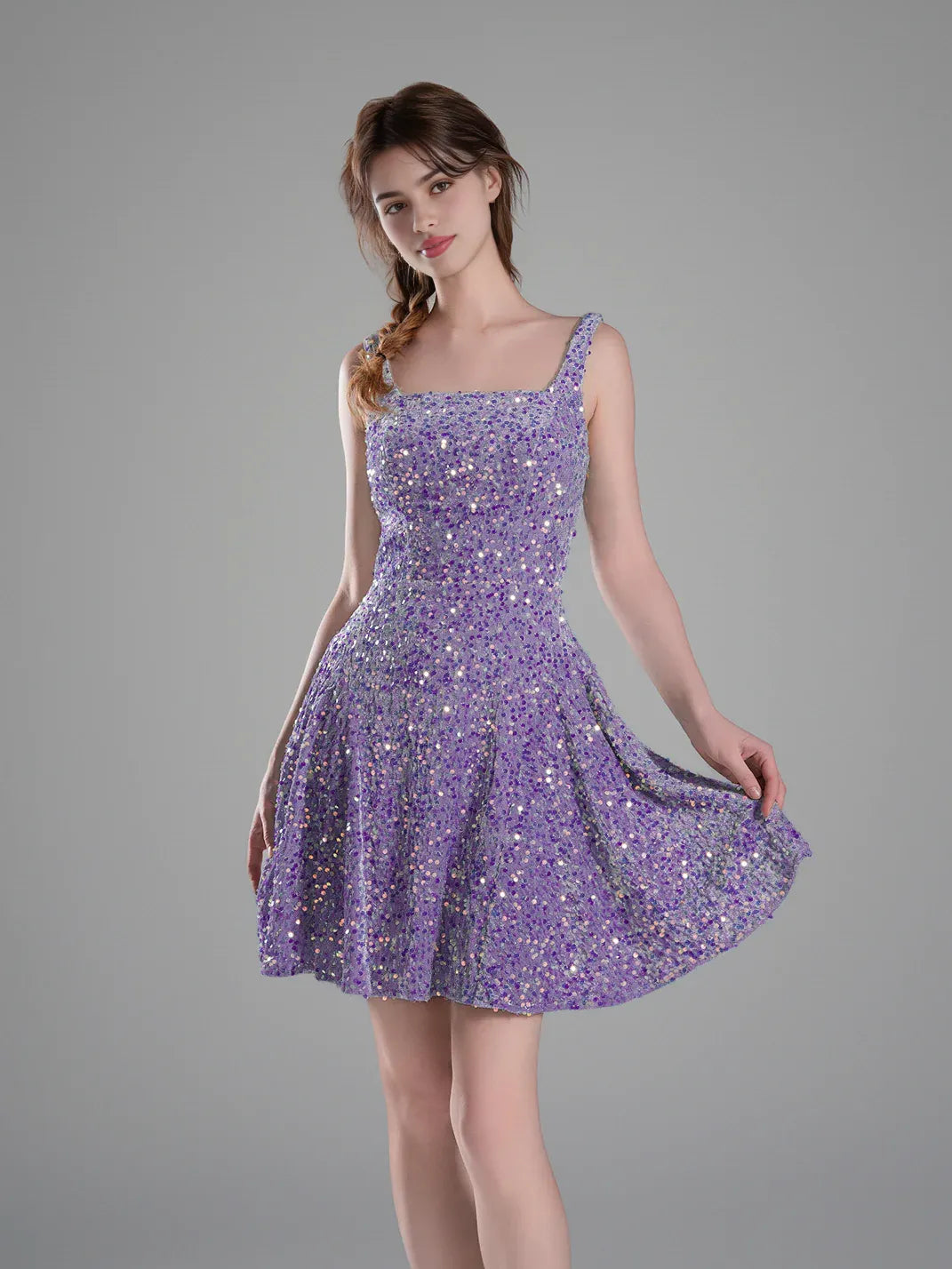 Purple sequined A-line mini dress with square neckline and spaghetti straps