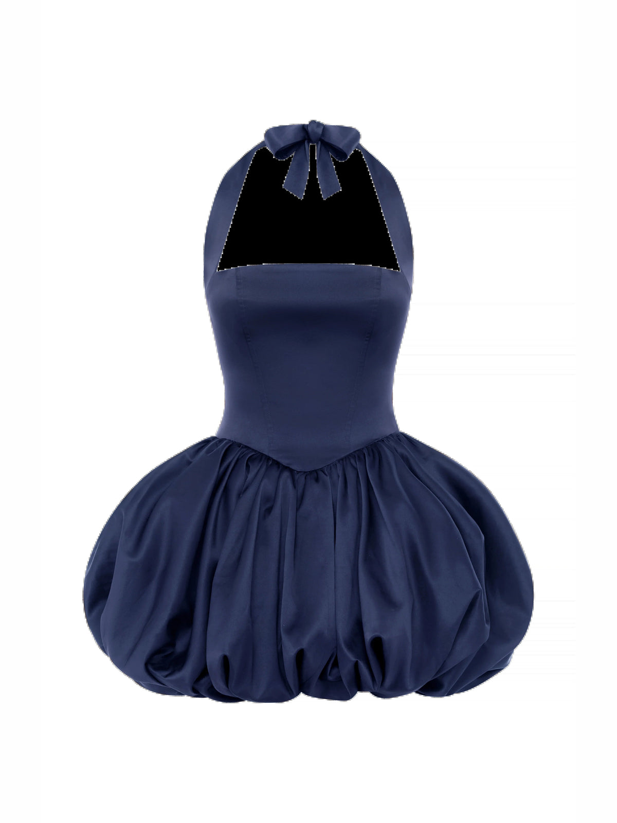 Navy mini dress back view with tie bow and gathered puff skirt