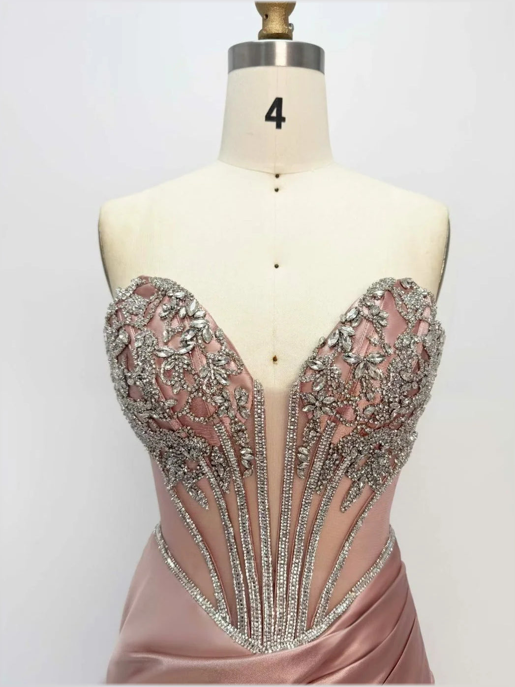 Jeweled sweetheart corset bodice with dusty pink satin draped mermaid skirt