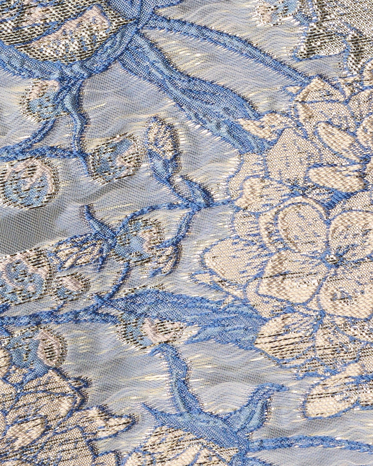 Close-up of blue-and-white floral fabric with textured woven pattern