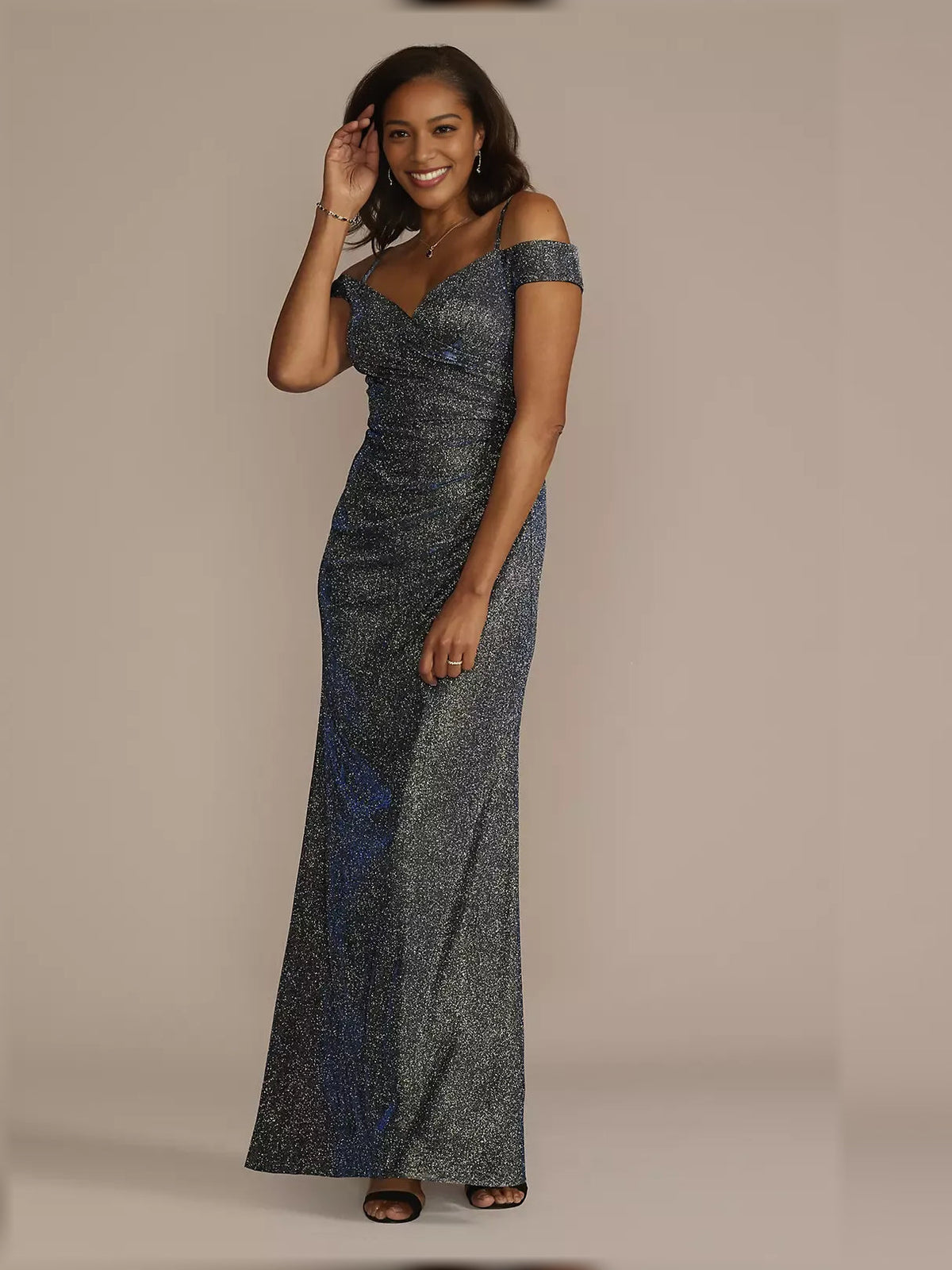 Dark navy off-shoulder ruched sheath dress, floor-length glitter fabric