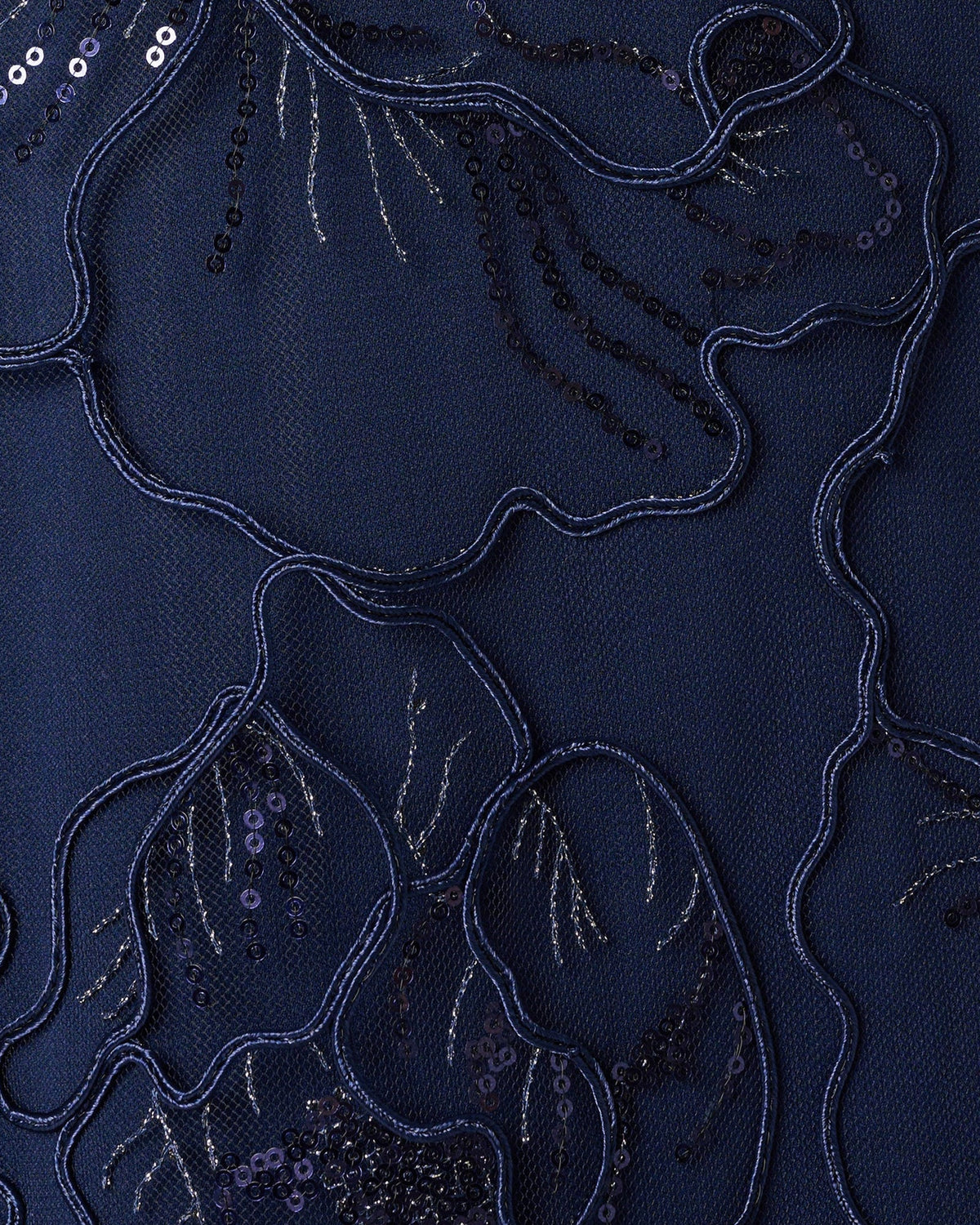 Midnight blue lace fabric with embroidered floral vine pattern