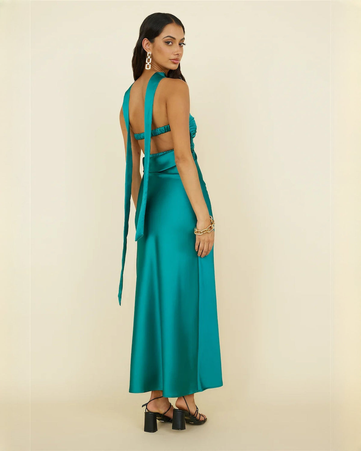 Teal satin maxi dress back view with two shoulder straps and open back