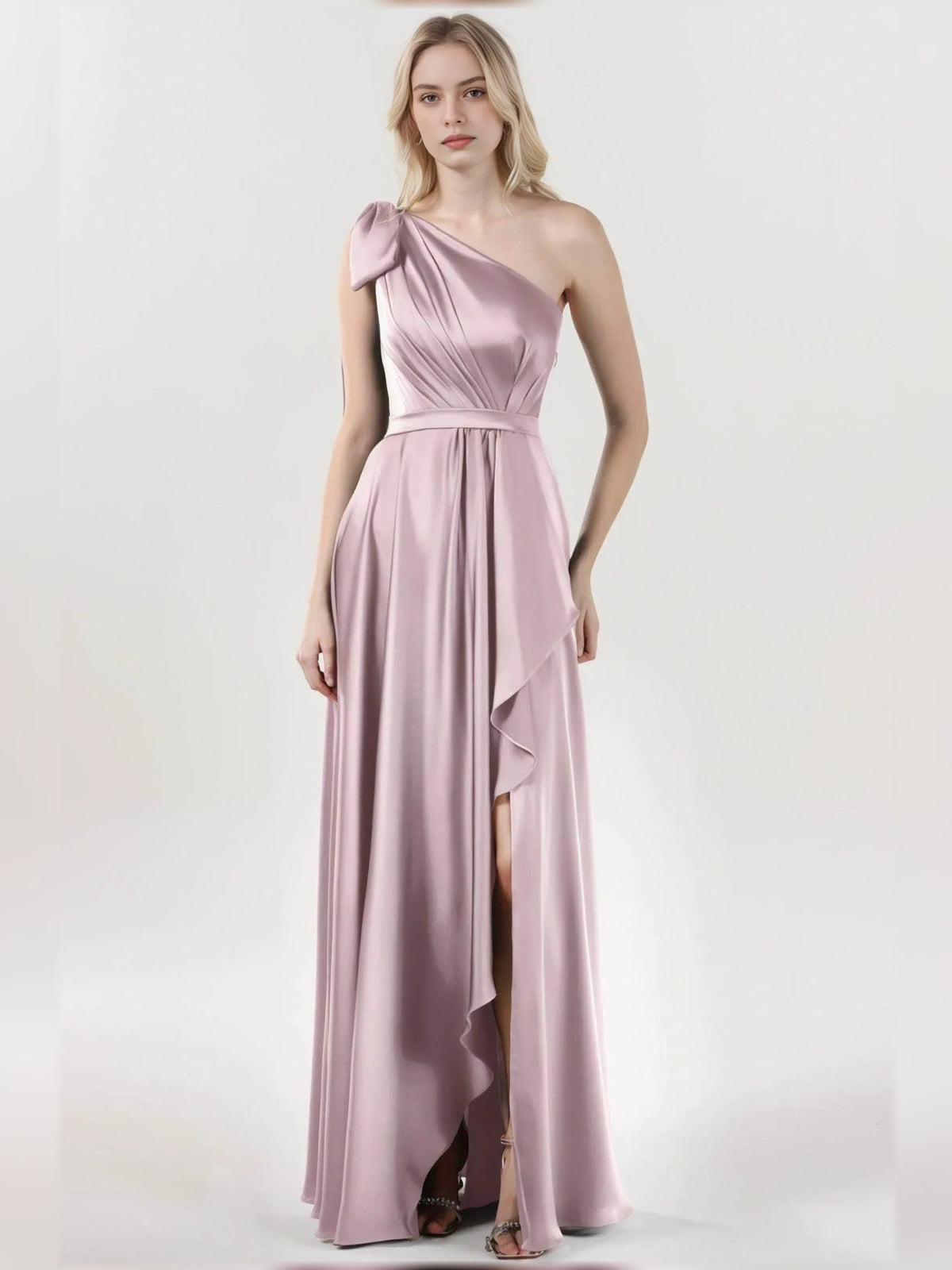 One-shoulder A-line formal dress in dusty rose with draped waist and side slit