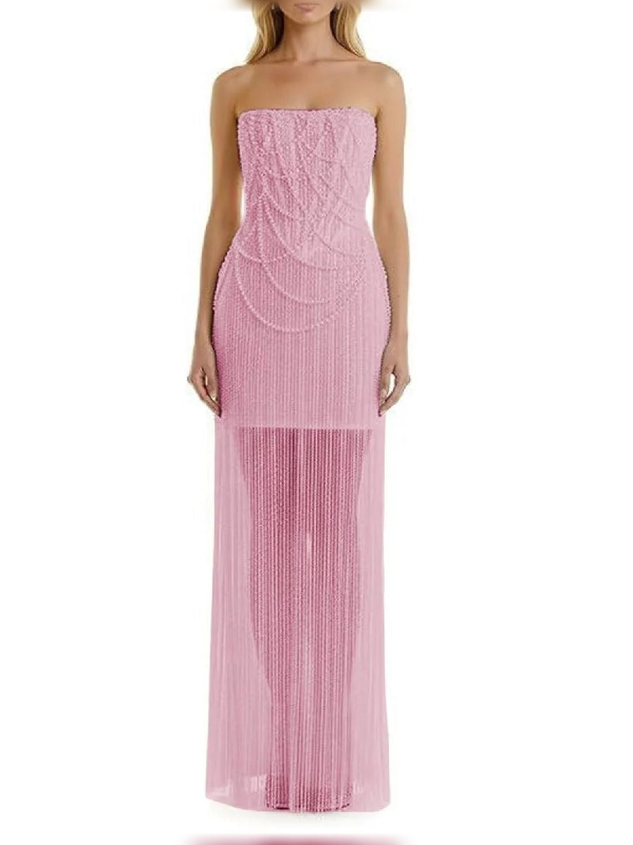 Pink strapless corset-style formal dress with beaded swirl bodice and fringe maxi hem