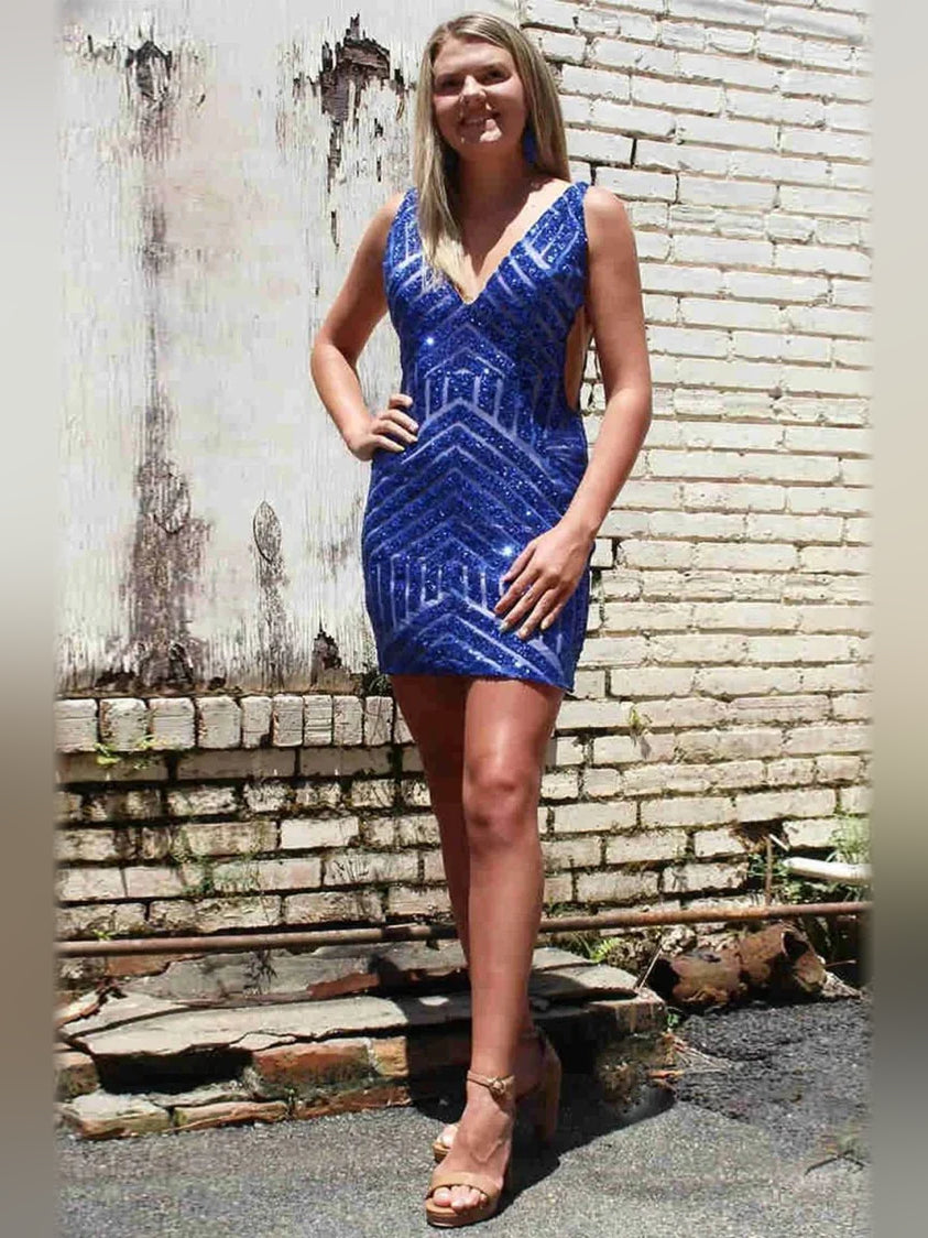 Cobalt blue sequin V-neck bodycon mini dress with spaghetti straps