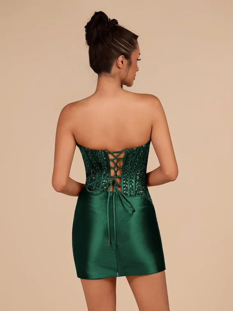 Dark green satin strapless mini dress with ruched draped front and lace-up open back